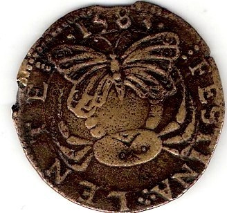 An antique Festina Lente coin showing a butterfly atop a crab