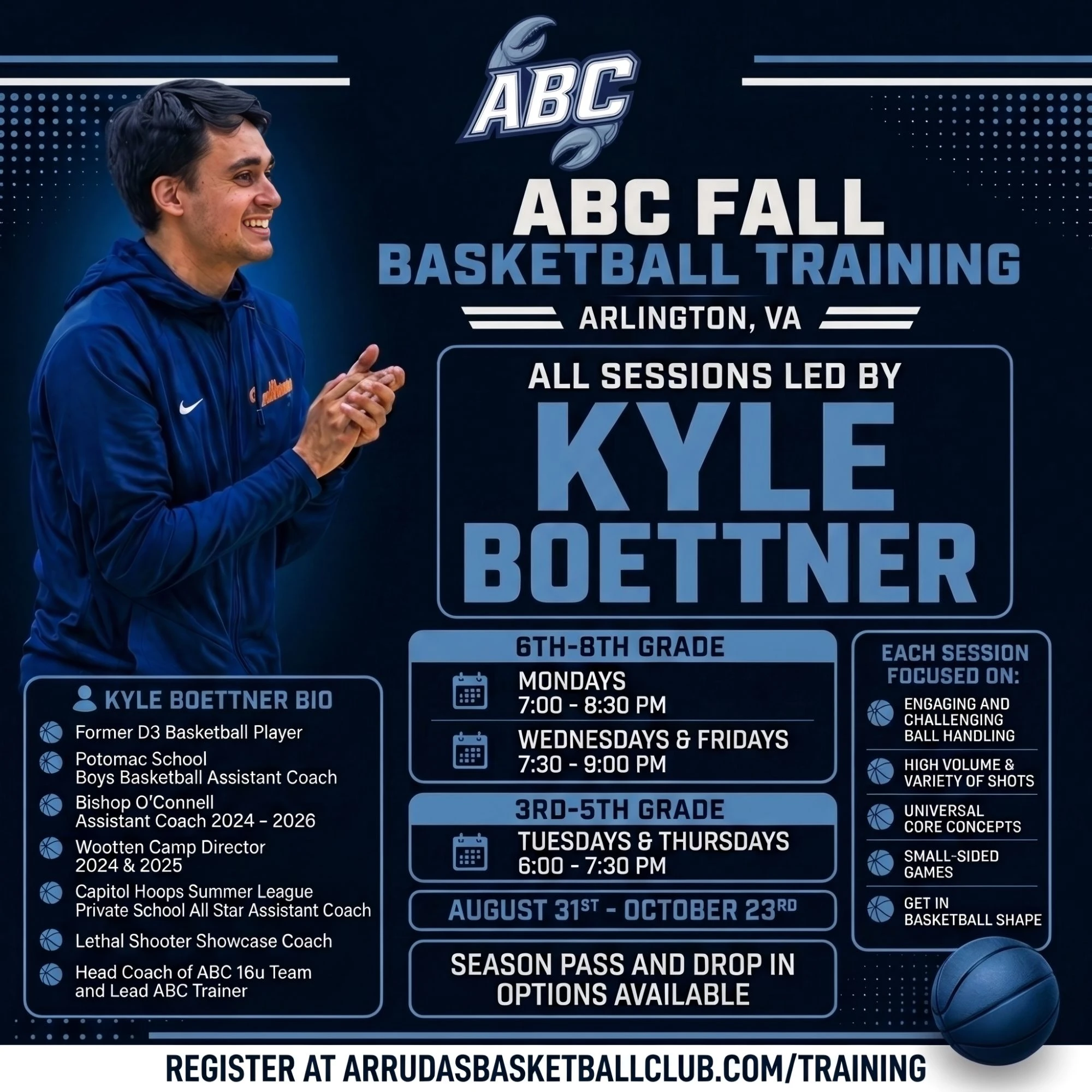 ABC Fall Basketball Training flyer with Kyle Boettner's schedule